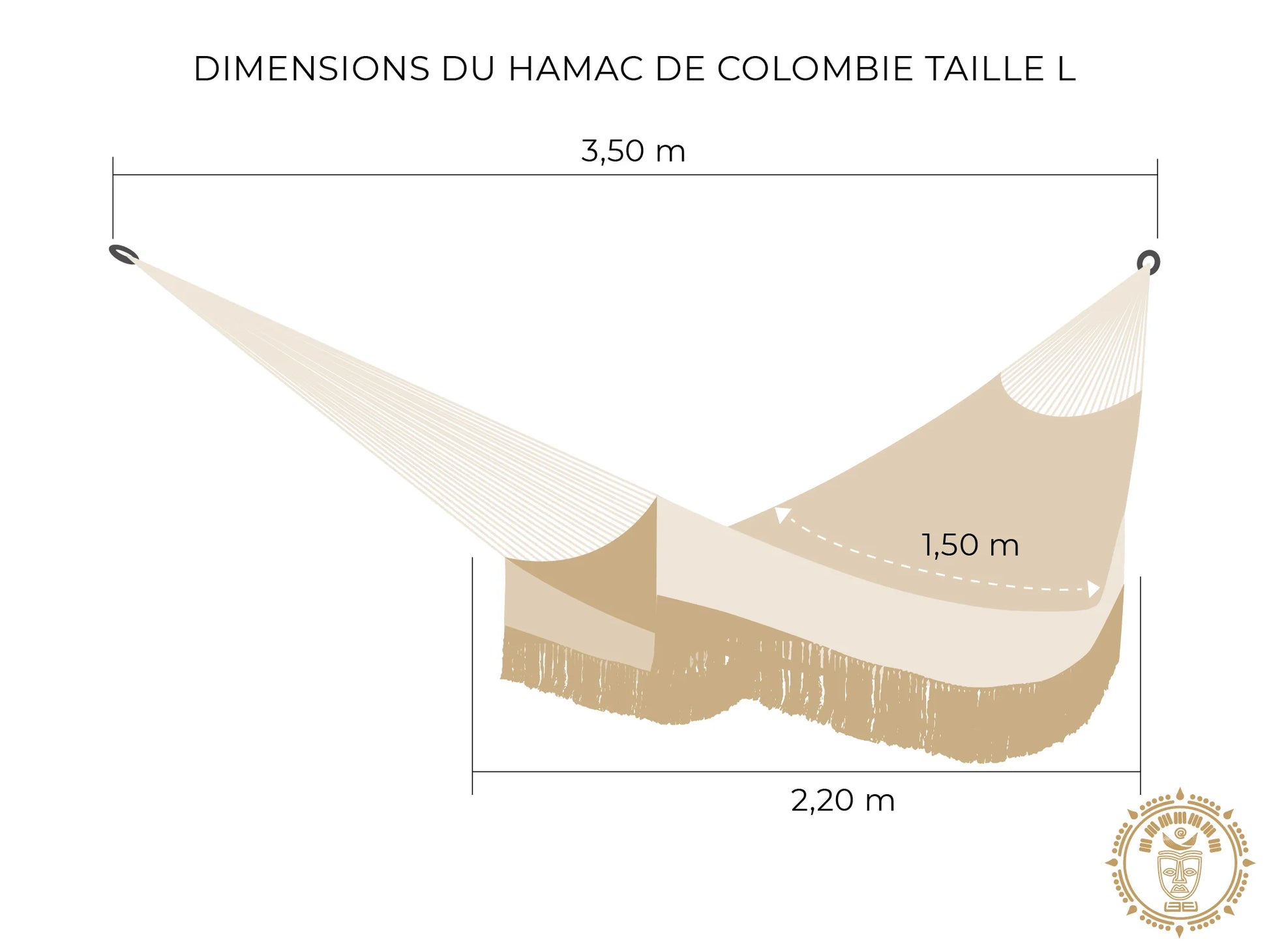 Dessin d'un hamac colombien fait main L avec mesures détaillées