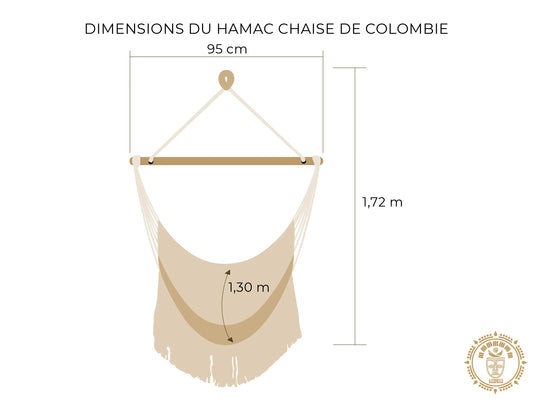 Dessin d'un hamac chaise de Colombie fait main XL avec mesures détaillées